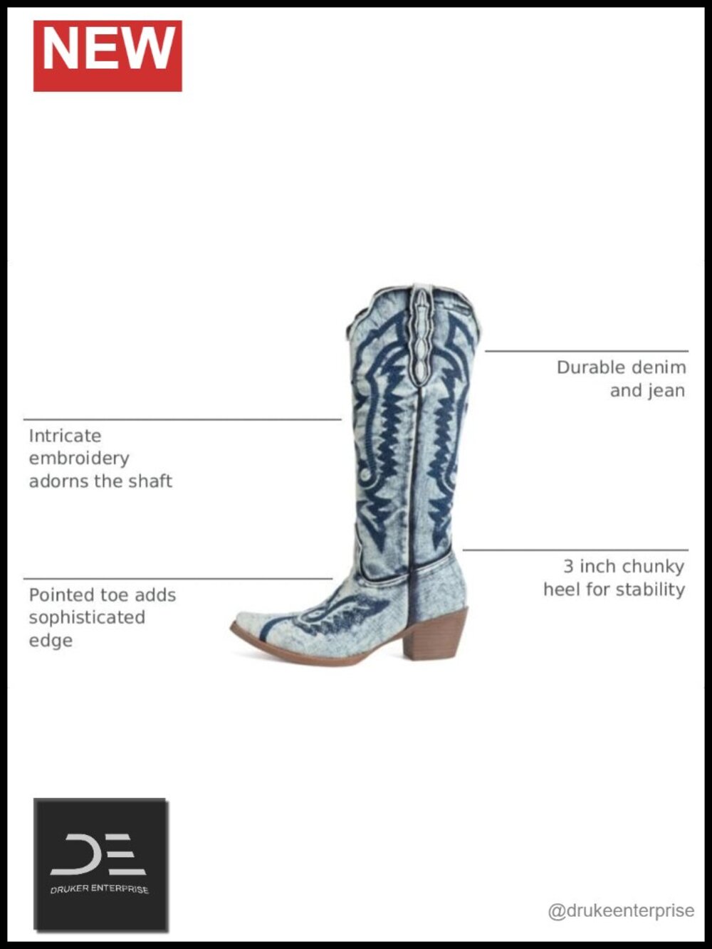 Knee High Denim Embroidered Cowboy Boots Chunky Heel Pointed Toe Vintage - Picture 2 of 6